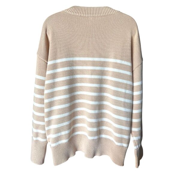 Neutral Beige/White Stripe Crew Neck Pullover Sweater Sz L Classic Minimalist - Picture 6 of 6